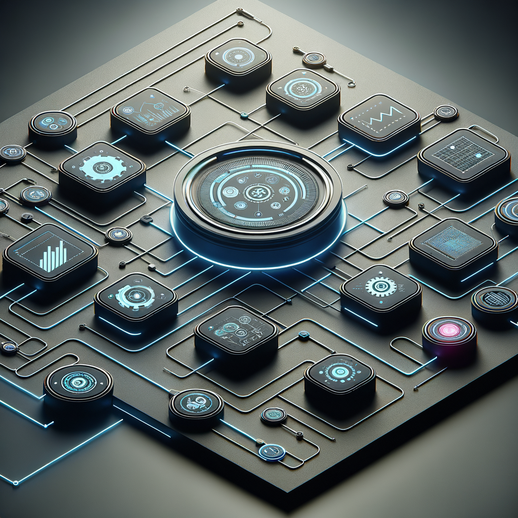 Dashboard moderno mostrando fluxos automatizados e agentes inteligentes otimizando processos em pequenas empresas, com design minimalista e paleta azul, ciano e roxo.