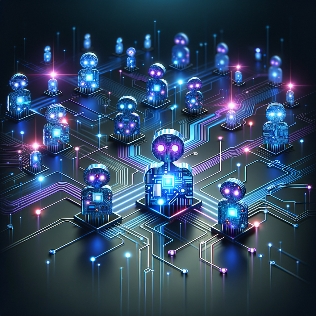 Rede abstrata de agentes inteligentes conectados por luzes em ambiente digital moderno, ilustrando a transformação digital e adoção de tecnologia em pequenas empresas.