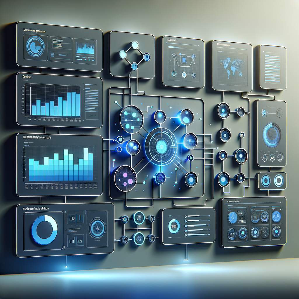 Dashboard digital com gráficos e módulos interconectados em azul e roxo mostrando monitoramento e otimização de fluxos de automação para produtividade da equipe.