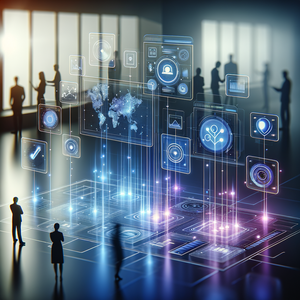 Dashboard digital moderno com módulos interconectados em luzes azuis e roxas, ilustrando integrações e automações empresariais, com profissionais interagindo com tecnologia em ambiente sofisticado.