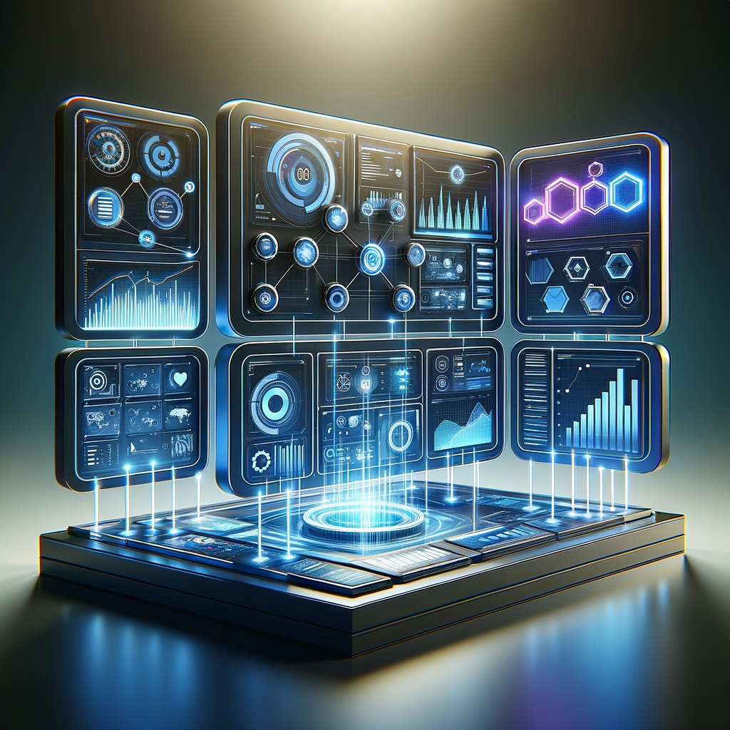 Painel digital com dashboards e fluxos automatizados em azul e grafite, exibindo integração de machine learning em marketing digital e operações empresariais.