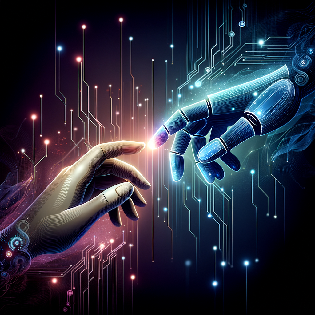Duas mãos, uma humana e outra robótica em azul e roxo, tocando-se sobre fundo digital com circuitos, representando equilíbrio entre automação inteligente e essência humana.