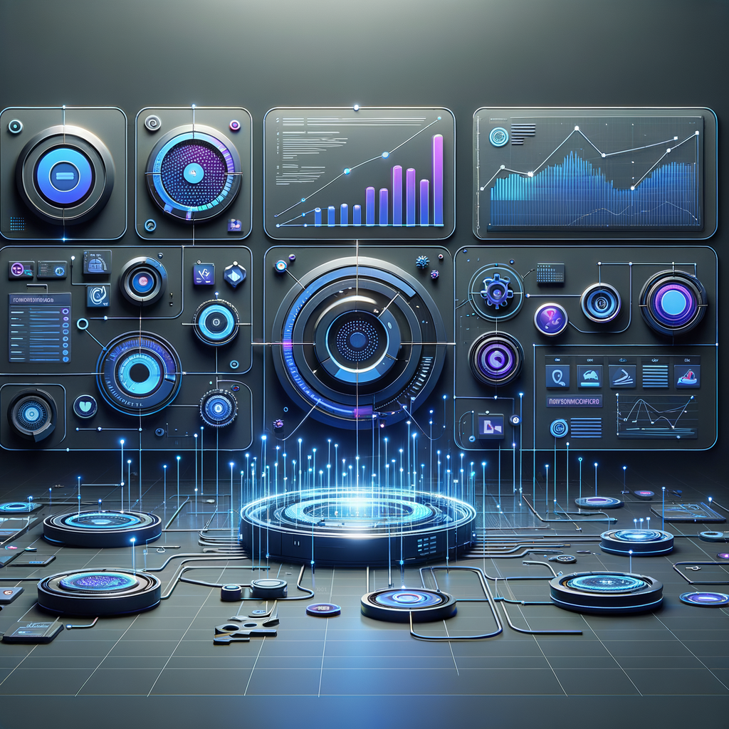 Dashboard digital com gráficos e fluxos automatizados conectando módulos em tons de azul e roxo, ilustrando automação inteligente e transformação digital em setores como marketing e atendimento.