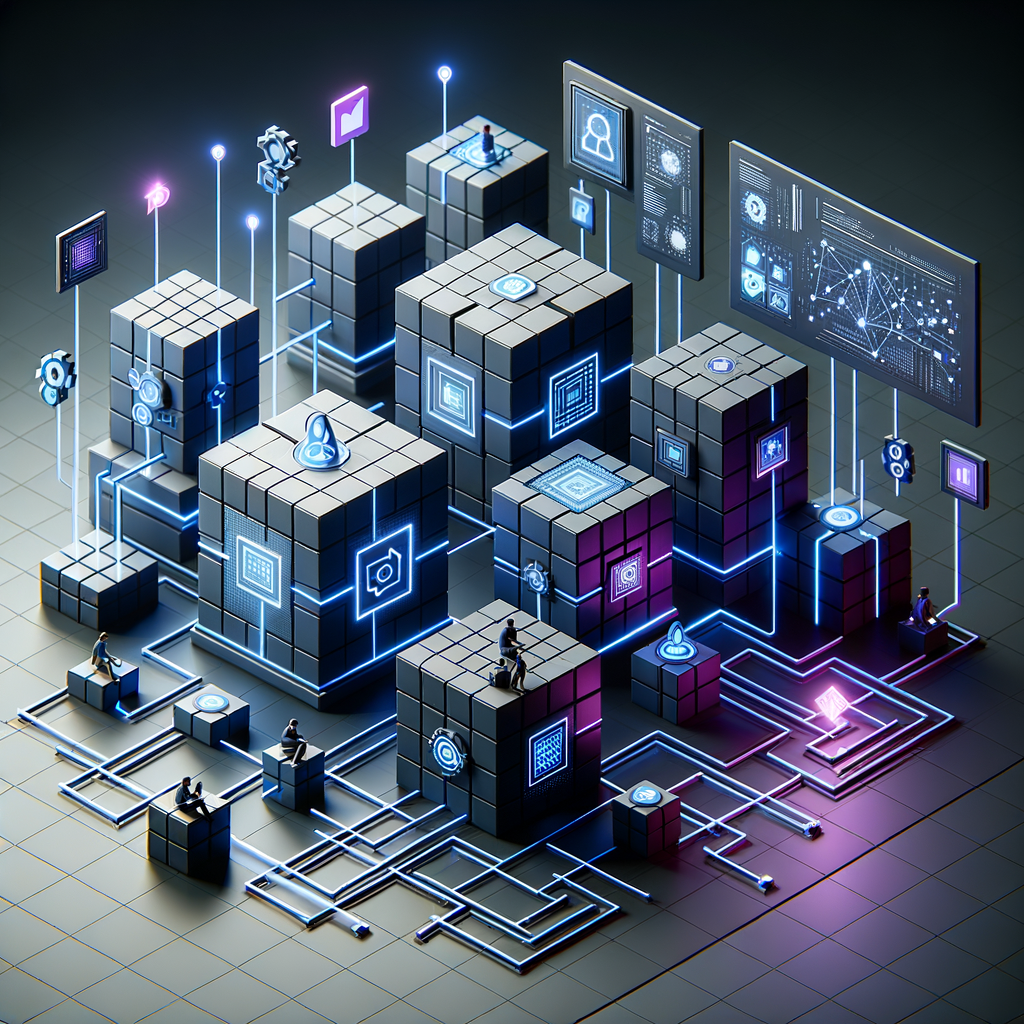 Arquitetura modular tecnológica com blocos conectados, símbolos de segurança e colaboração, em paleta azul e roxo sobre fundo escuro, representando integração e escalabilidade em empresas.