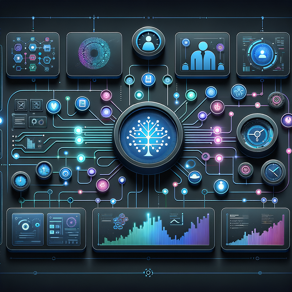 Dashboard digital com fluxos automatizados e módulos de inteligência artificial em tons de azul e roxo, simbolizando personalização e autonomia no ambiente de trabalho.