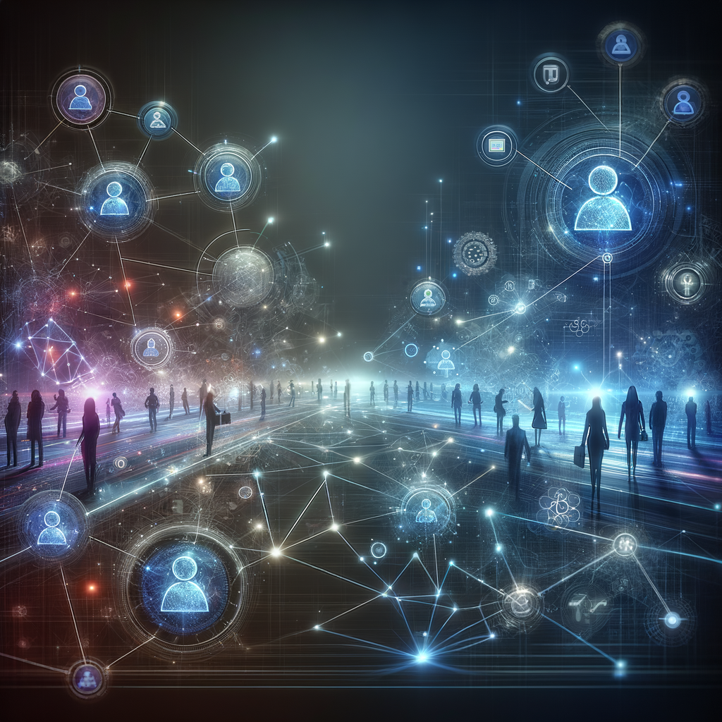 Equipe conectada a rede digital colaborativa com linhas luminosas, simbolizando comunicação transparente e humanização na automação do ambiente de trabalho.