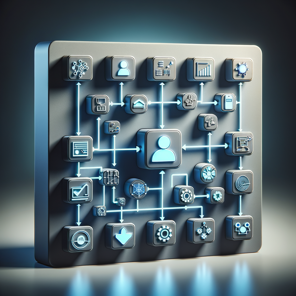 Fluxo de trabalho automatizado com ícones tecnológicos e colaboração de equipe, em tons de azul e ciano, destacando adaptação e suporte na automação empresarial personalizada.