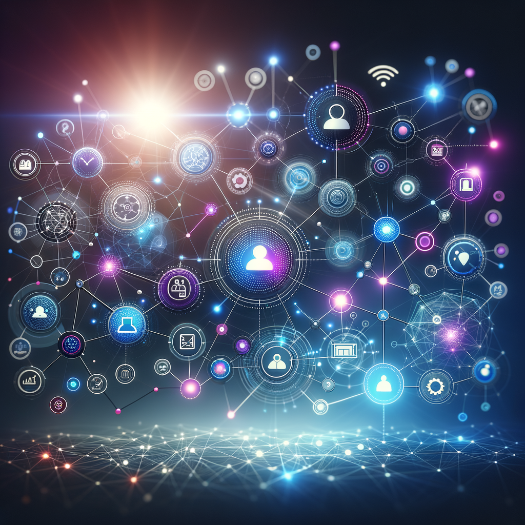 Rede digital abstrata com conexões iluminadas em azul, roxo e ciano, simbolizando a superação de mitos e a integração consciente da IA nas empresas.