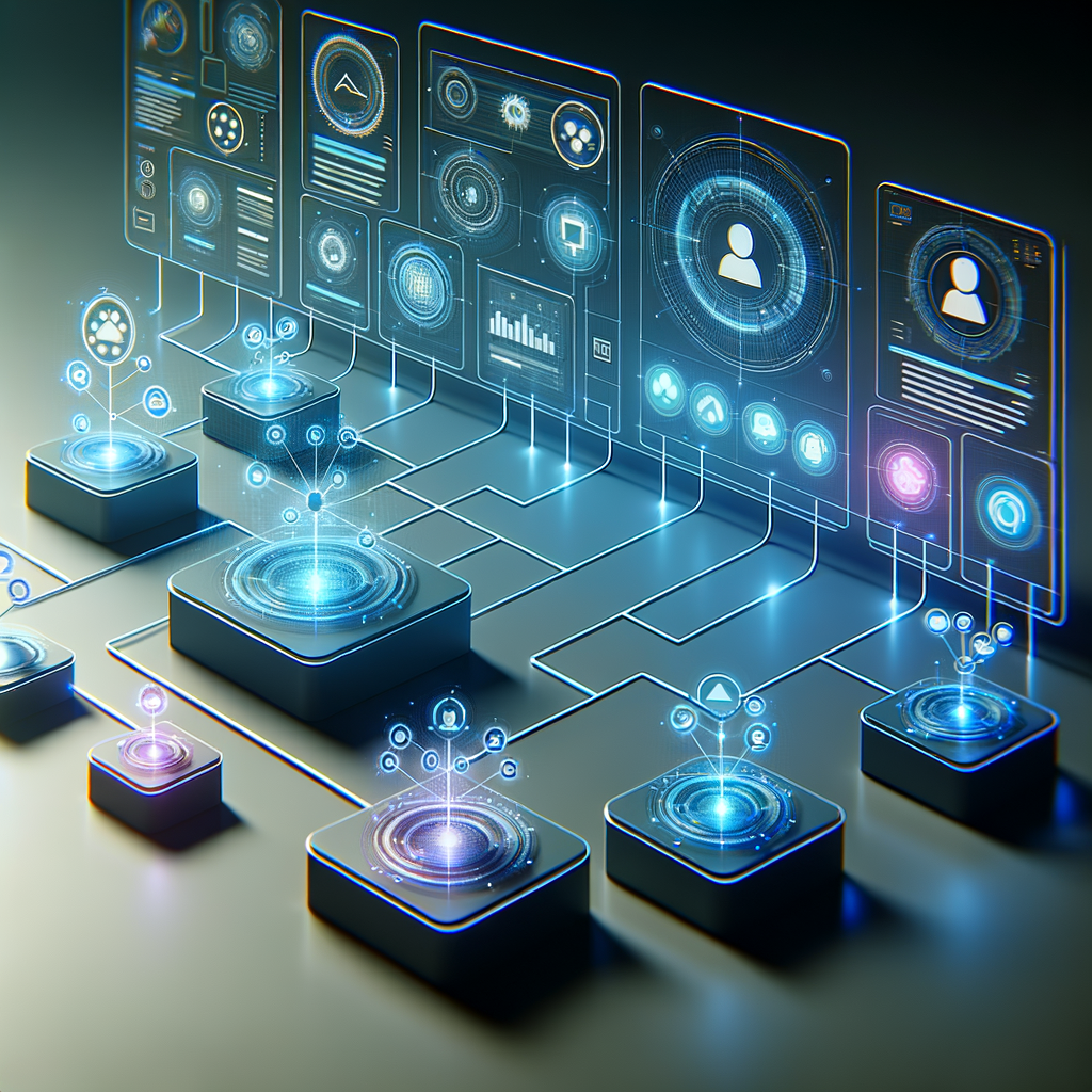 Dashboard digital minimalista mostrando módulos conectados e colaboração entre humanos e agentes inteligentes, destacando automação modular e integração tecnológica para negócios.