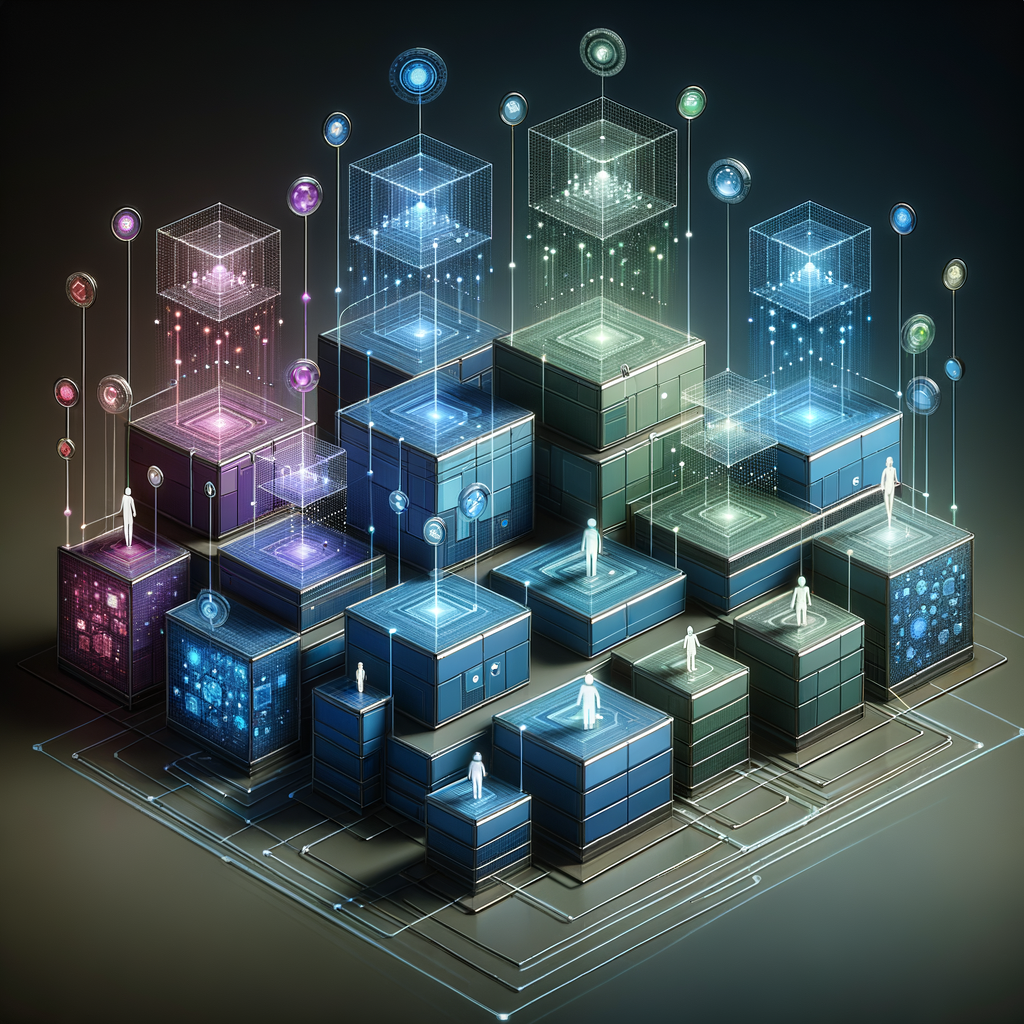 Sistema modular em camadas com conexão entre blocos e interação humano-agente inteligente via interfaces holográficas em ambiente tecnológico moderno e minimalista.