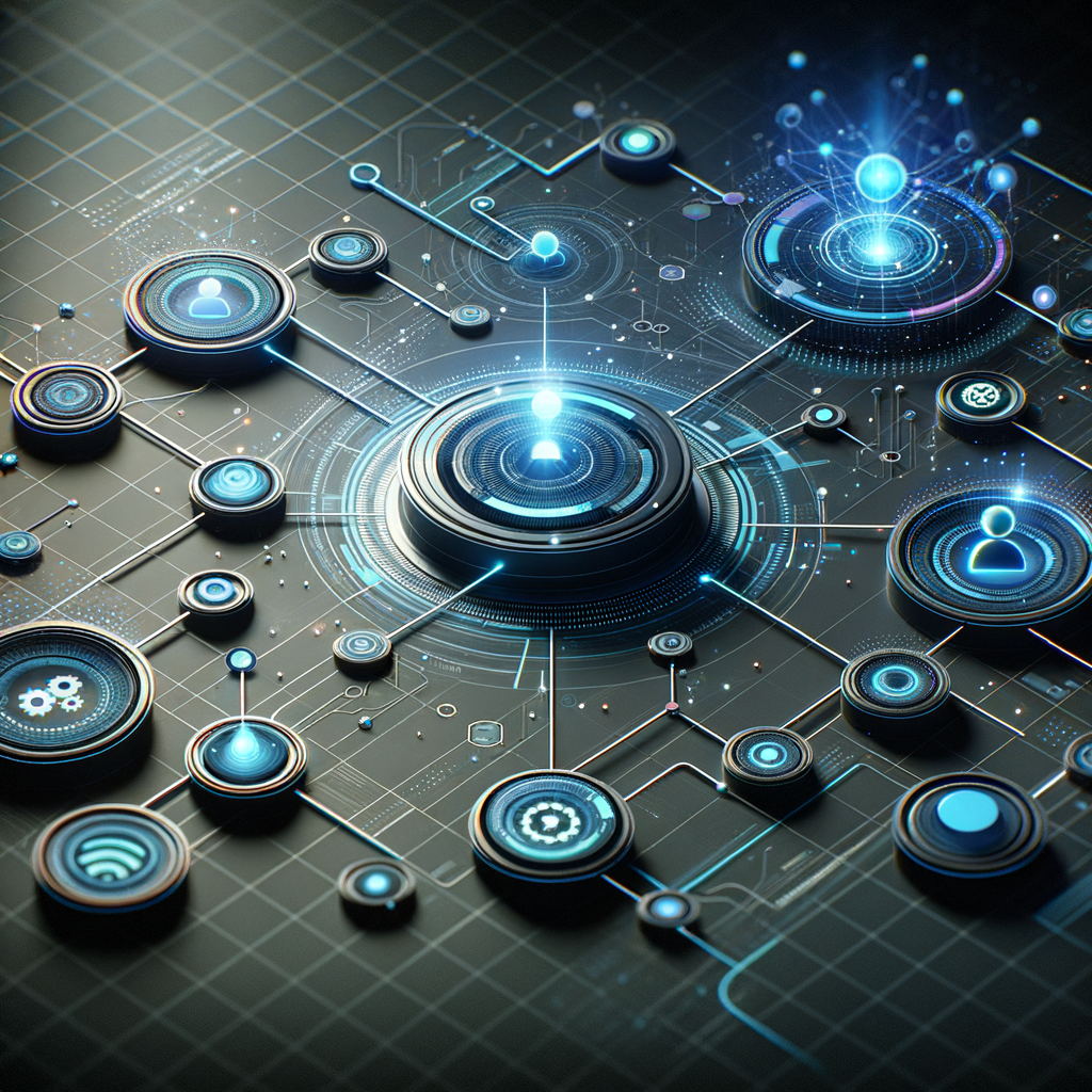 Representação gráfica de agentes inteligentes em rede automatizando processos, com conexões digitais em azul e ciano sobre fundo escuro, simbolizando adaptação e eficiência em automação personalizada.