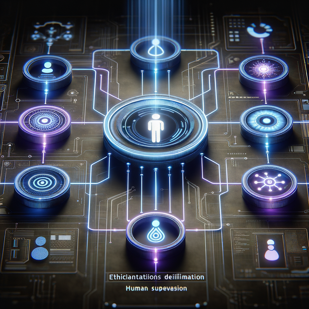 Fluxo de trabalho automatizado com módulos interligados e supervisão humana em ambiente digital sofisticado, ilustrando a colaboração e responsabilidade na automação ética empresarial.
