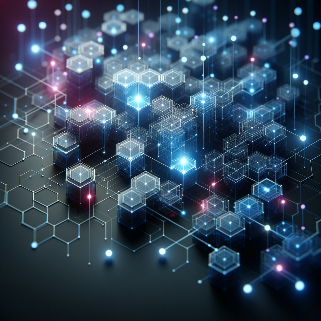 Rede tridimensional de módulos hexagonais conectados com linhas luminosas em tons de azul e roxo, ilustrando integração e funcionamento de agentes inteligentes em arquitetura modular.