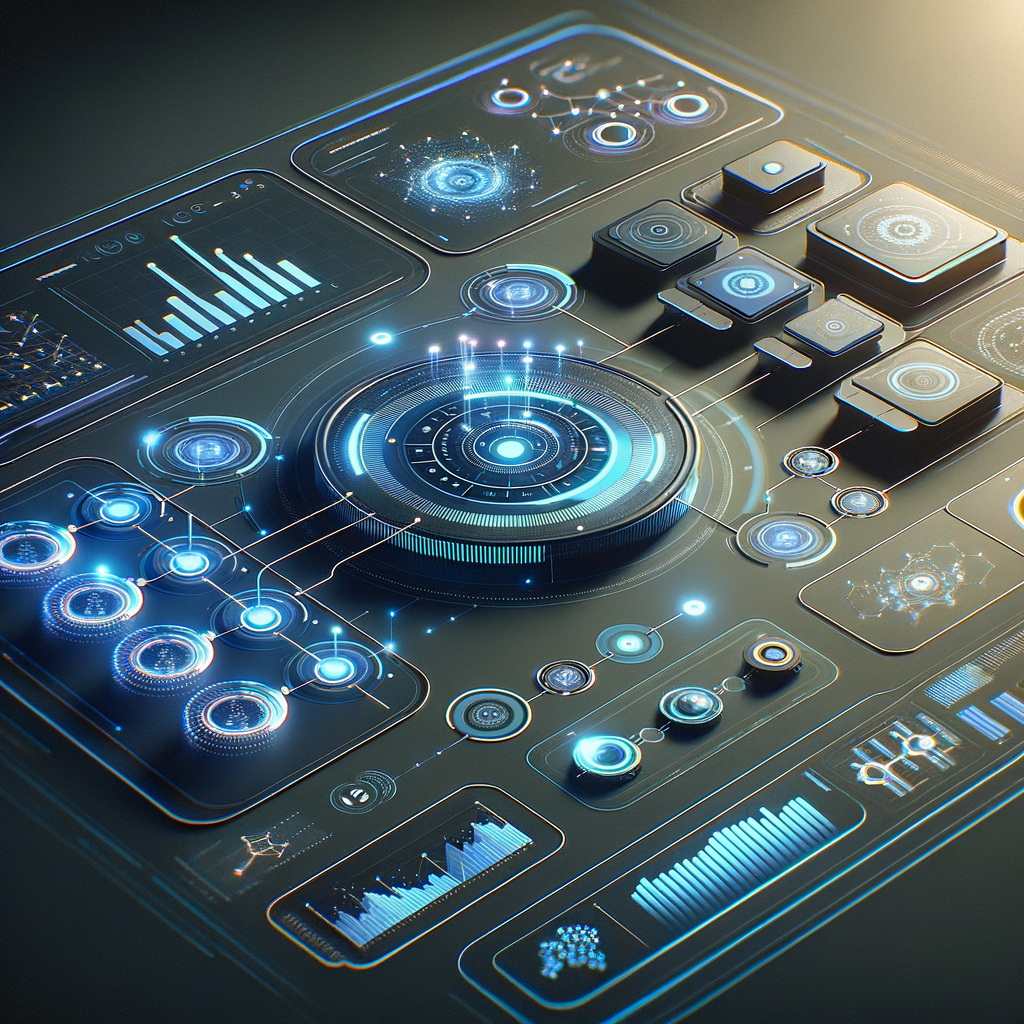 Dashboard digital futurista com gráficos e módulos interconectados ilustrando integração de agentes inteligentes e ferramentas de automação empresarial em fluxos de trabalho