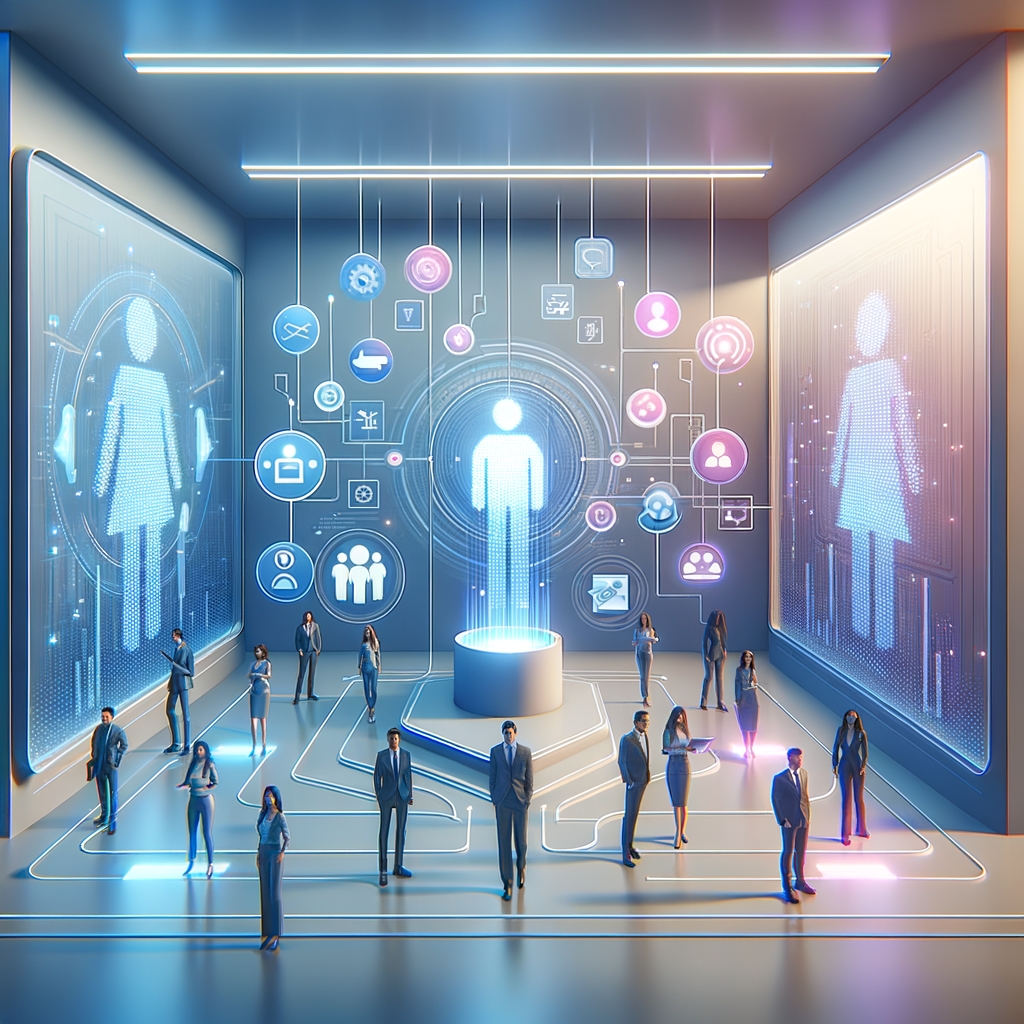 Equipe colaborando com agentes inteligentes em ambiente digital futurista, destacando equilíbrio entre automação e interação humana em fluxos de trabalho