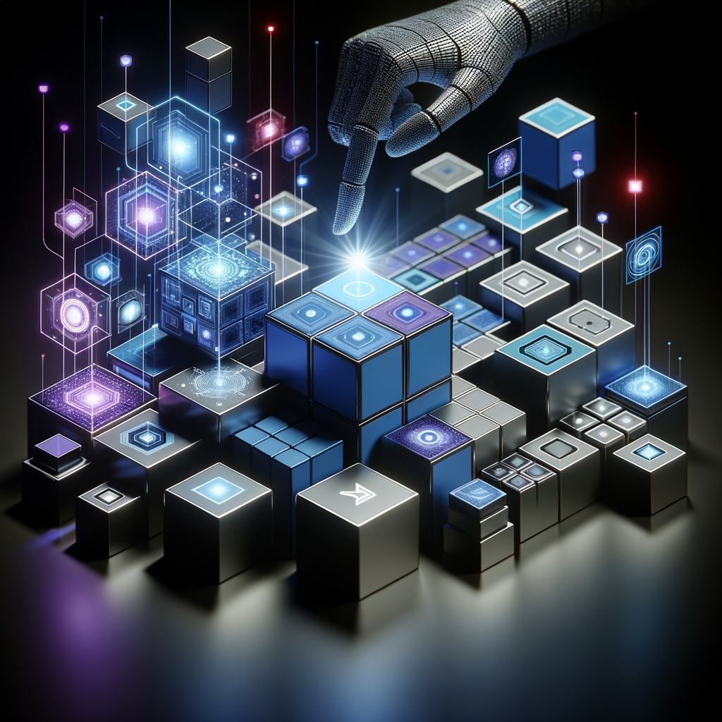 Fluxo automatizado no-code com agentes inteligentes conectados por linhas luminosas, acompanhado de uma mão digitalizada controlando o sistema, representando equilíbrio entre automação e supervisão humana.