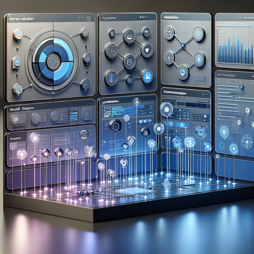 Dashboard digital com fluxos de automação e integração tecnológica em tons azuis e grafite, mostrando processos inteligentes e colaboração entre humanos e IA.
