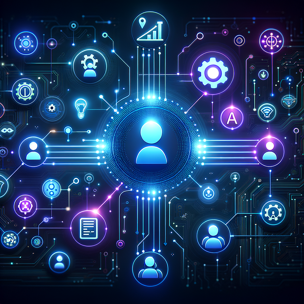Rede digital conectando pessoas e sistemas de inteligência artificial com ícones de ferramentas de automação, em um design moderno e minimalista em azul e roxo.