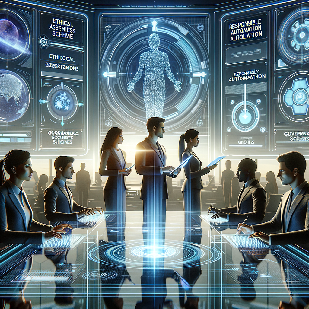 Equipe trabalhando com interfaces holográficas de avaliação ética e automação responsável em ambiente digital futurista.