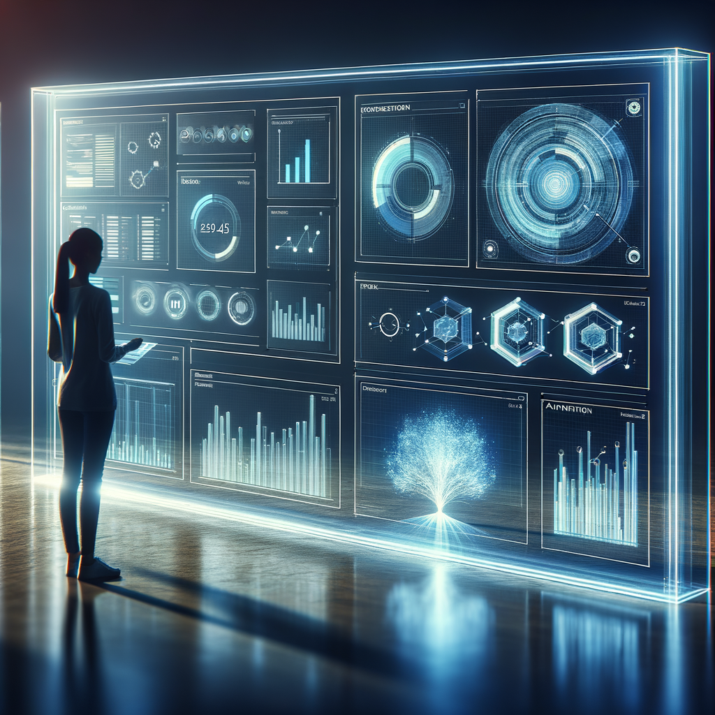 Dashboard digital futurista com gráficos e módulos conectados em tons azulados, mostrando automação e personalização no atendimento em saúde digital