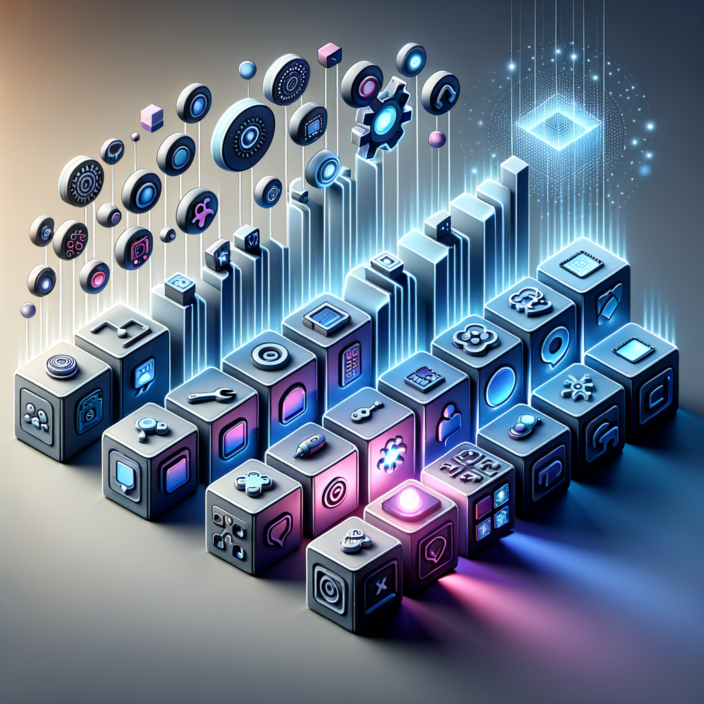 Fluxo modular de tecnologia com blocos independentes e conexões luminosas representando ferramentas e automação para startups de saúde digital