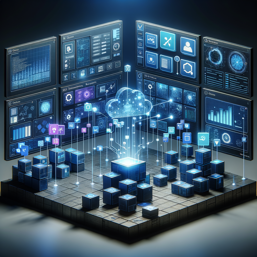 Ilustração de plataforma no-code e low-code mostrando conexões de dados, painéis com gráficos e ícones de ferramentas em ambiente digital minimalista com luz suave e cores azul, ciano e roxo.