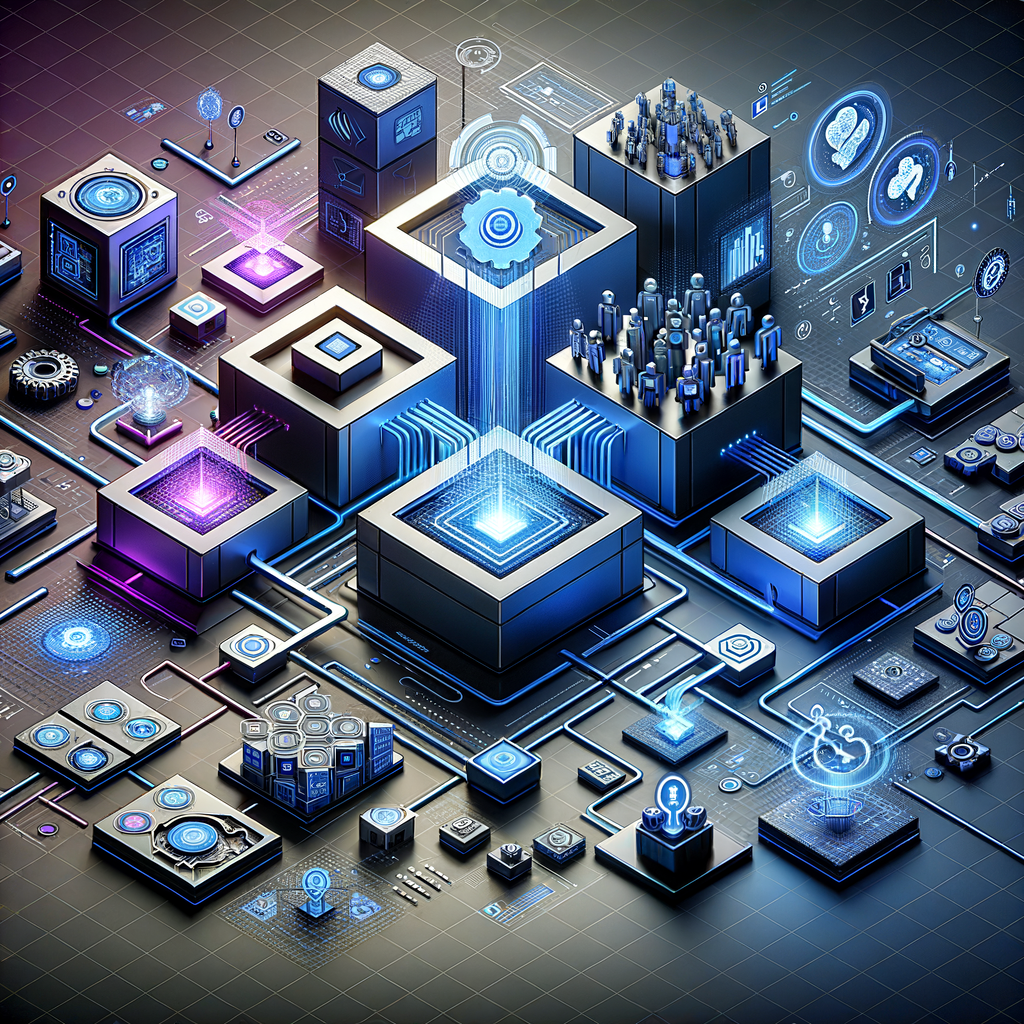 Arquitetura tecnológica integrada com fluxos de automação e colaboração entre equipes, destacando planejamento e eficiência na automação com inteligência artificial.