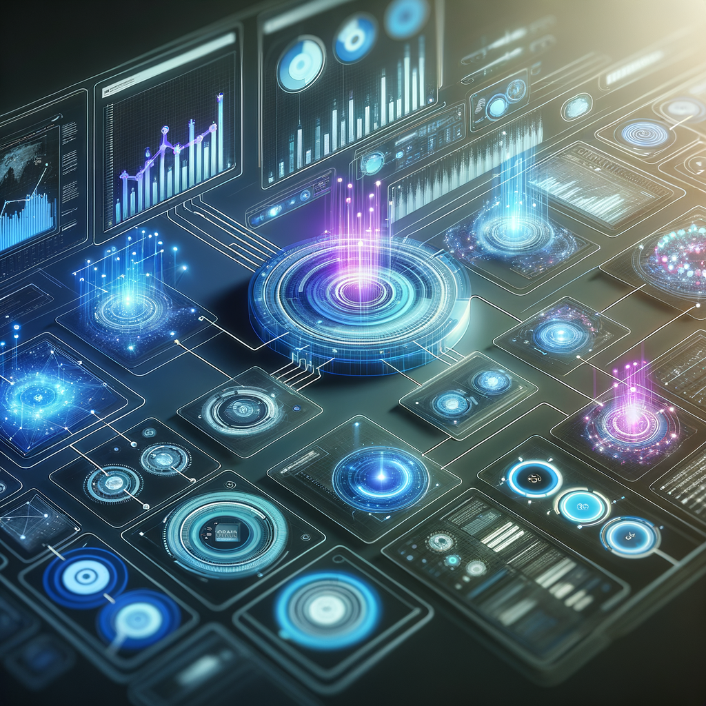 Dashboard digital futurista com gráficos e módulos interconectados em tons de azul, ciano e grafite, ilustrando integração e automação inteligente na rotina empresarial.