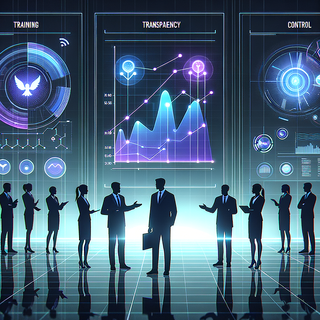 Equipe empresarial interagindo com interface holográfica em tons de azul e roxo, simbolizando treinamento, transparência e confiança na adoção da inteligência artificial.