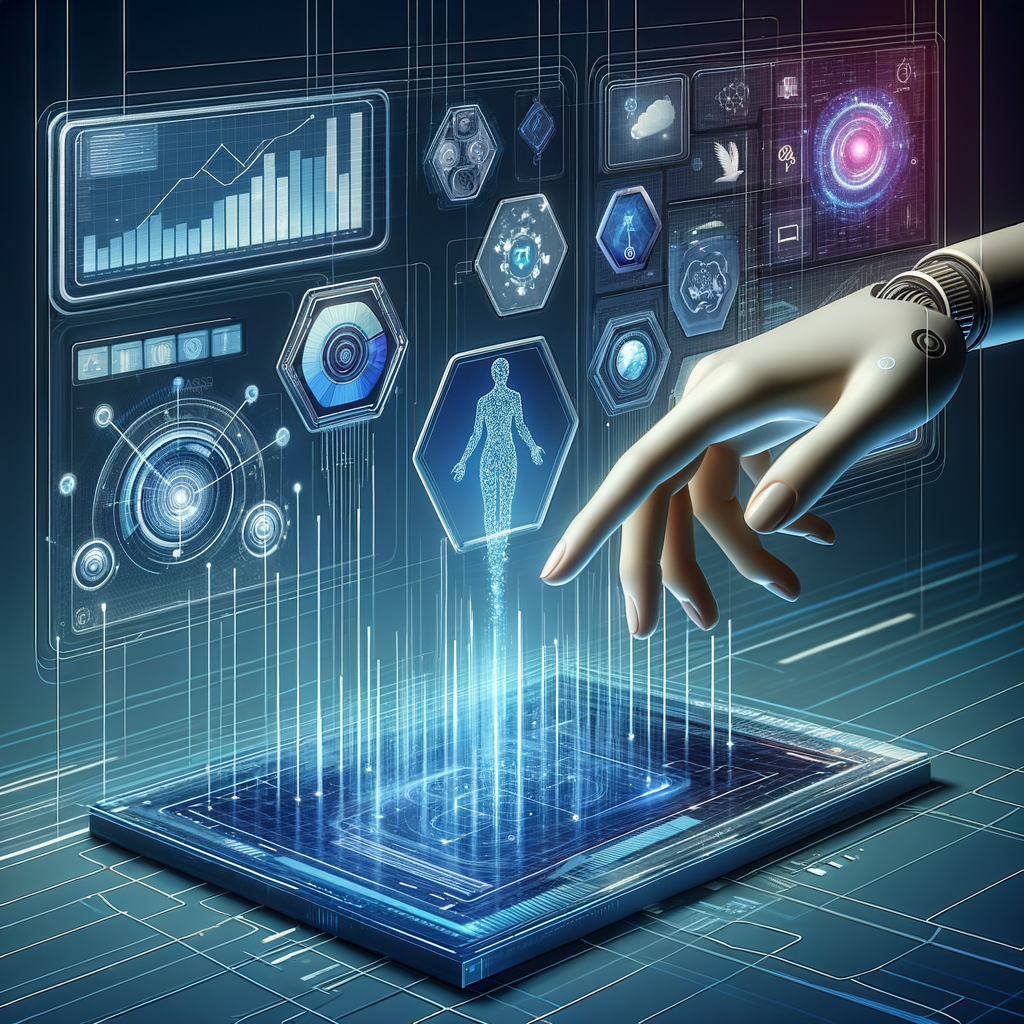 Dashboard digital futurista com gráficos e fluxos de dados conectados a processos corporativos automatizados, com uma mão humana interagindo representando a colaboração entre IA e decisão humana.