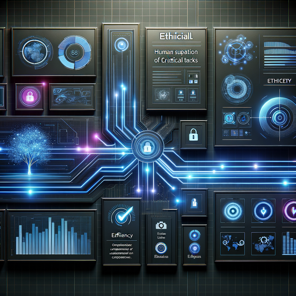 Dashboard digital futurista mostrando módulos interconectados e indicadores de automação ética e supervisão humana em tarefas críticas, com paleta em azul, roxo e grafite.