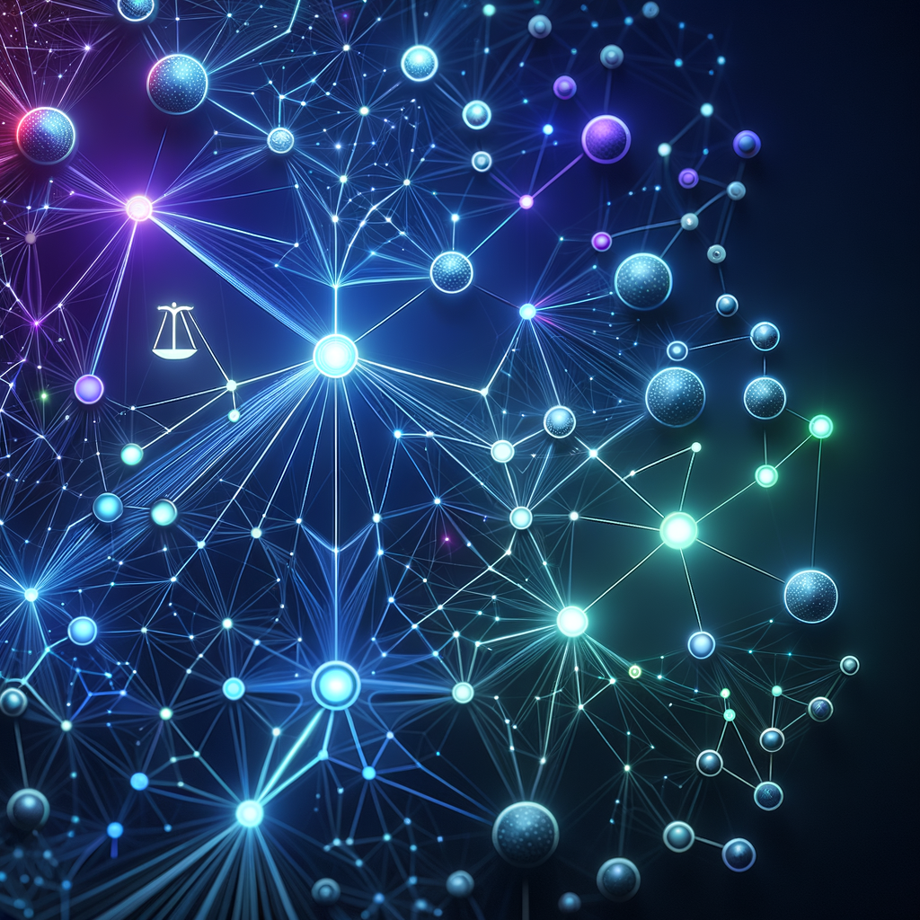 Rede neural abstrata iluminada em azul, ciano e roxo com símbolos de ética integrados, representando dilemas éticos e decisões automatizadas por IA.