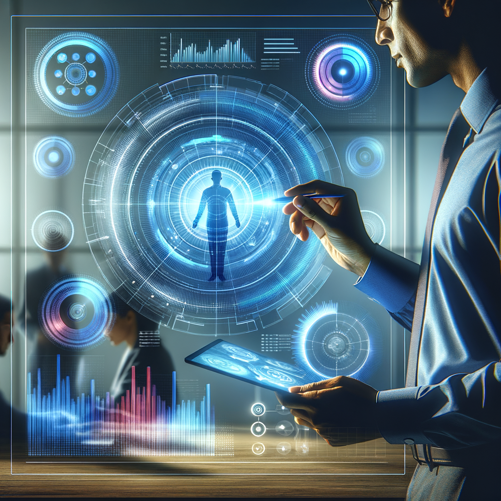 Profissional usando interface holográfica para monitorar e analisar fluxos automatizados, simbolizando manutenção e evolução tecnológica.