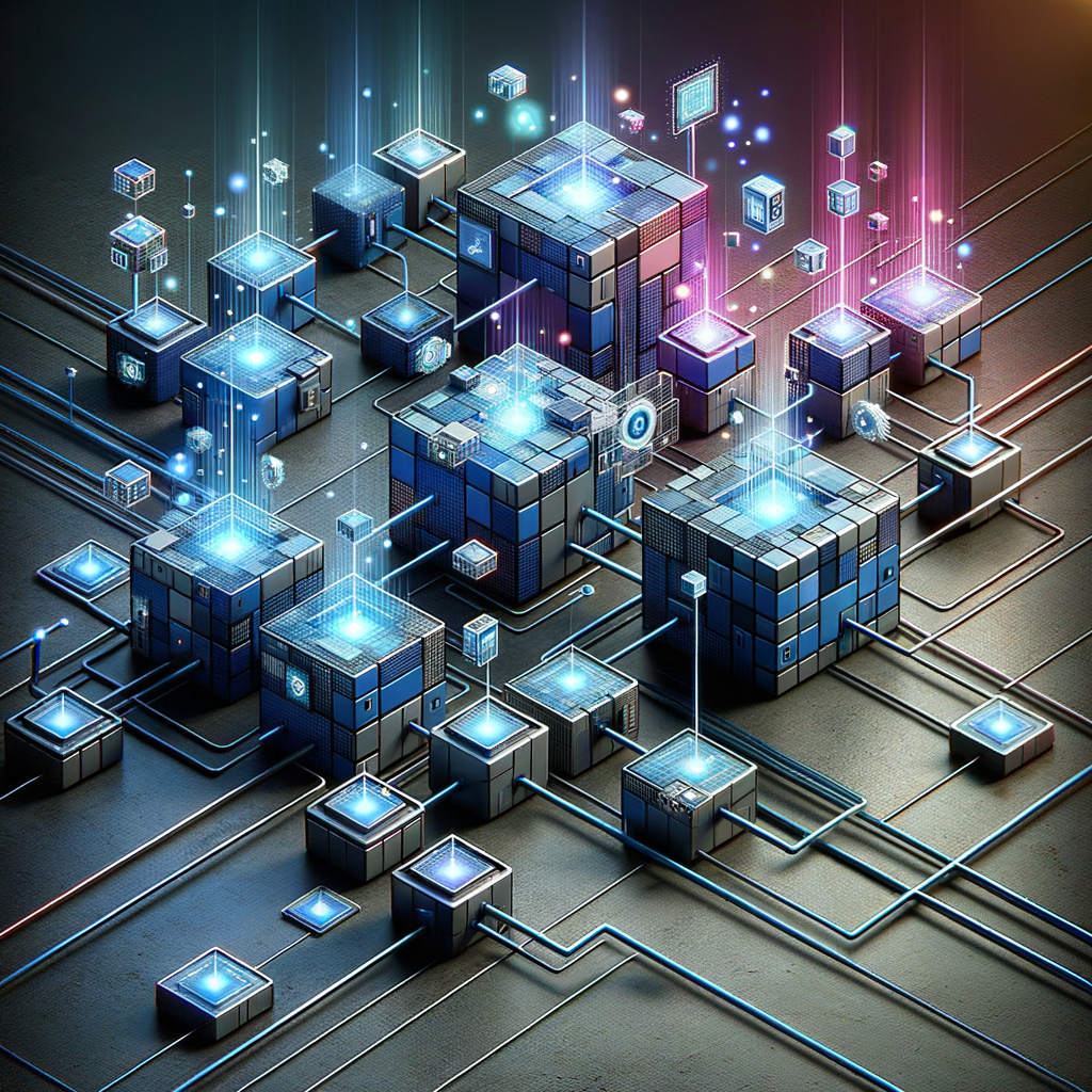 Rede modular de sistemas integrados com blocos conectados por linhas de luz azul e ciano, ícones de IA e automação inteligente em fundo digital grafite, simbolizando integração eficiente.