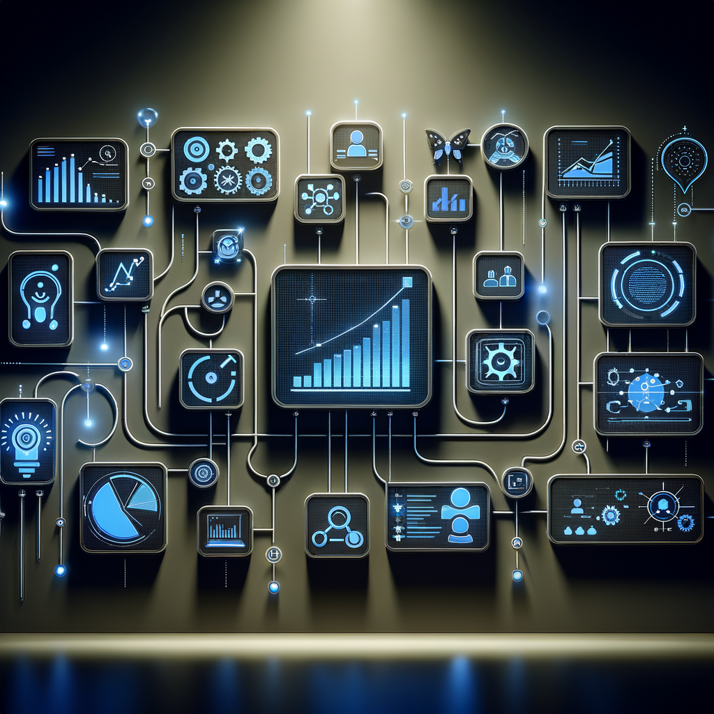 Dashboard digital mostrando fluxos de automação inteligentes e integração de ferramentas N8N e Supabase, com ajustes dinâmicos de parâmetros para otimização de processos em marketing digital, em estilo moderno e minimalista.