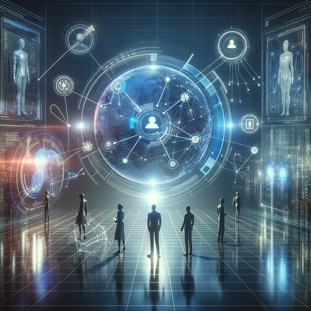 Equipe profissional interagindo com interfaces holográficas que mostram controles e auditorias de IA autogerenciada, simbolizando segurança, transparência e colaboração em ambiente digital moderno.