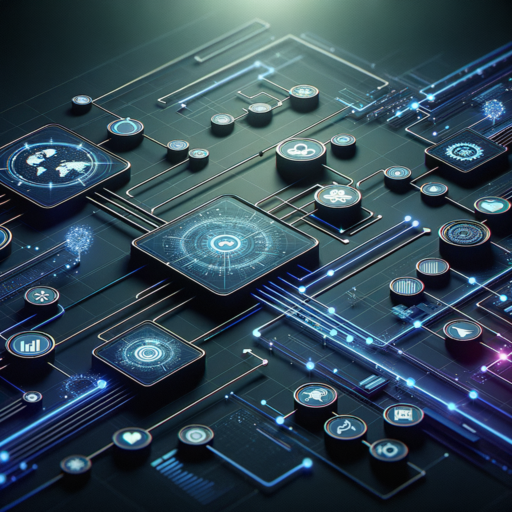 Dashboard digital com fluxos de automação e integrações visuais em tons azuis e grafite, ilustrando processos inteligentes e conectados em marketing digital, desenvolvimento e operações.