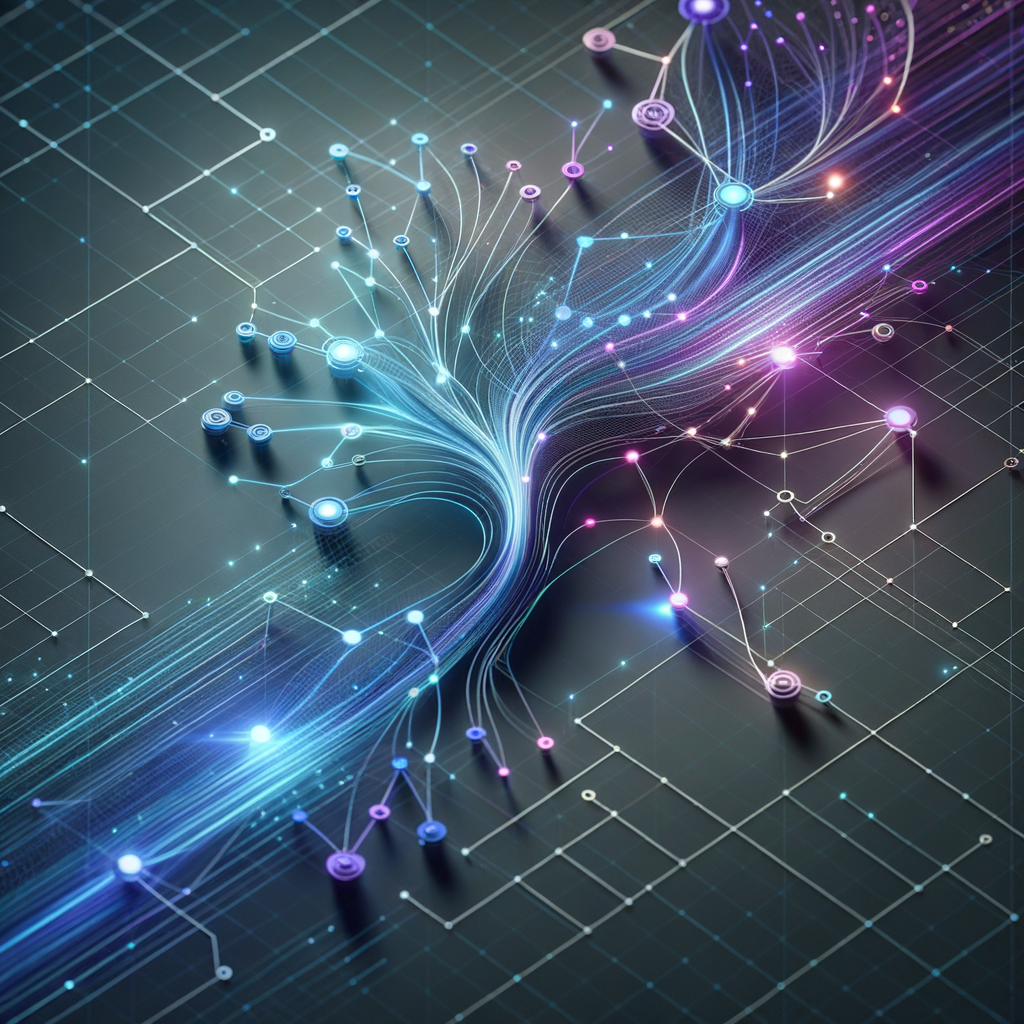 Rede neural abstrata com fluxos de dados iluminados em azul, roxo e ciano, representando os desafios éticos e a autonomia da inteligência artificial em ambientes empresariais modernos.