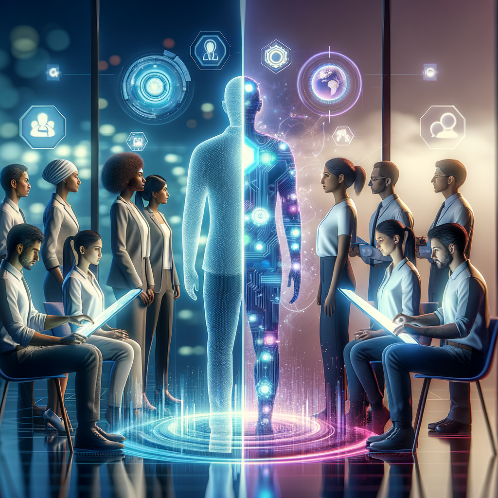 Profissionais interagindo com tecnologias holográficas e interfaces digitais, representando a colaboração equilibrada entre equipes humanas e automação tecnológica em ambiente moderno.