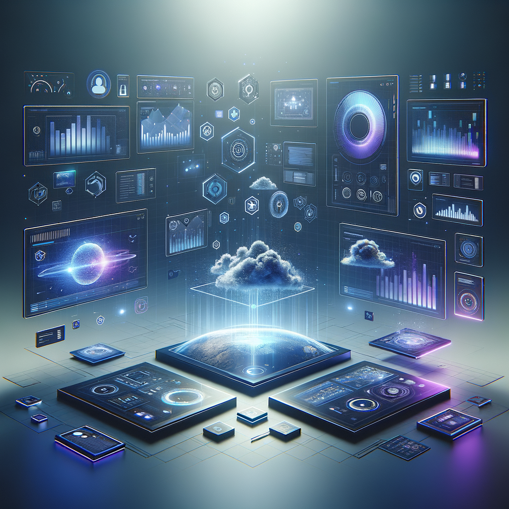 Mesa digital com telas mostrando dashboards e fluxos de automação integrados, em ambiente moderno azul e roxo, simbolizando produtividade e organização com inteligência artificial no trabalho