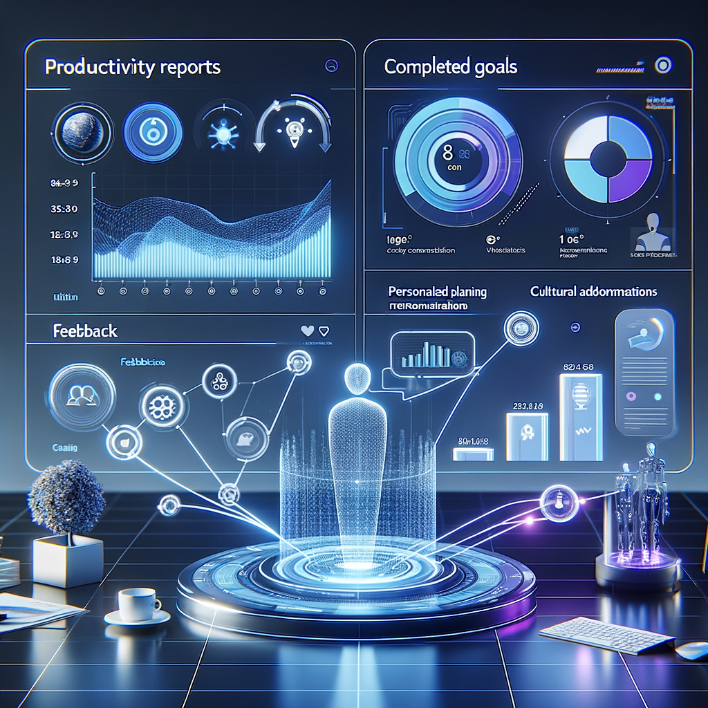 Interface holográfica exibindo relatórios e recomendações para produtividade futura, em escritório moderno azul e roxo, simbolizando feedback e planejamento automatizado com IA