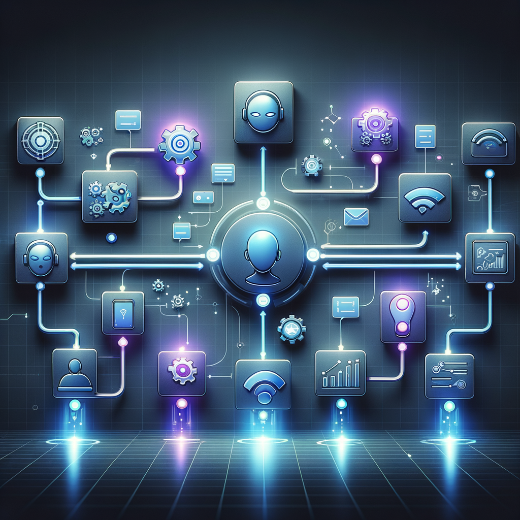 Fluxo visual de trabalho automatizado conectando inteligência artificial, marketing digital e ferramentas tecnológicas, simbolizando colaboração e adaptação contínua.