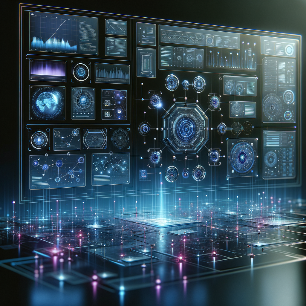 Dashboard futurista com gráficos e fluxos de automação empresarial conectados, exibindo controle e monitoramento de processos digitais com iluminação azul e roxa em fundo escuro.