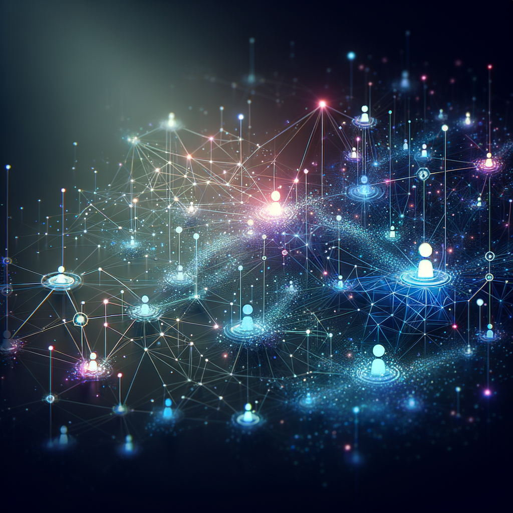 Rede digital conectando pessoas e máquinas, simbolizando colaboração e inteligência artificial nas empresas com iluminação azul e roxa em fundo escuro minimalista.