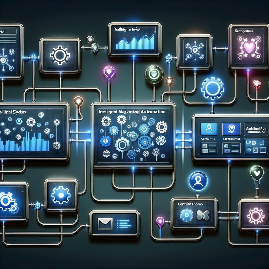 Dashboard digital com fluxos inteligentes e conexões entre módulos de automação em marketing, mostrando processos otimizados e personalizados em uma interface moderna e minimalista.