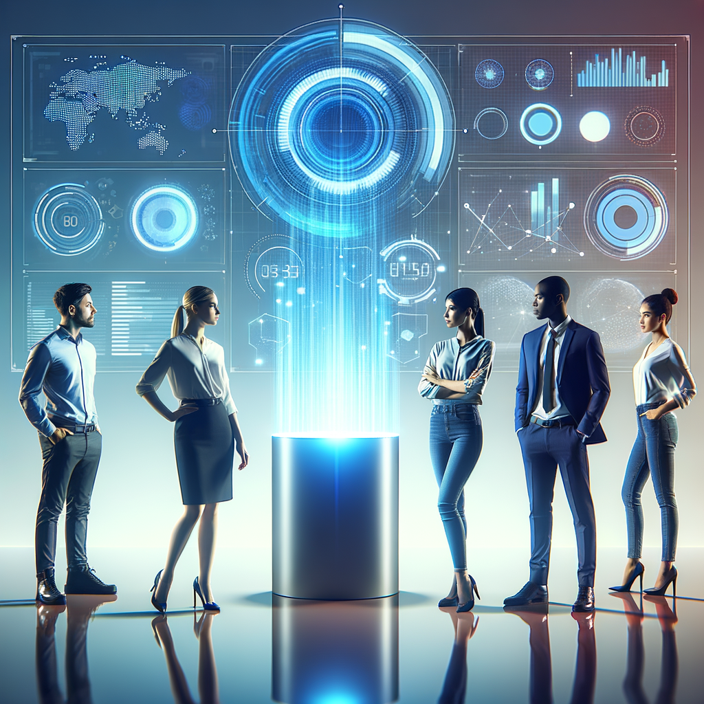 Equipe de marketing colaborando com tecnologia avançada, analisando dados e insights em tela holográfica que une automação e criatividade em ambiente moderno e digital.