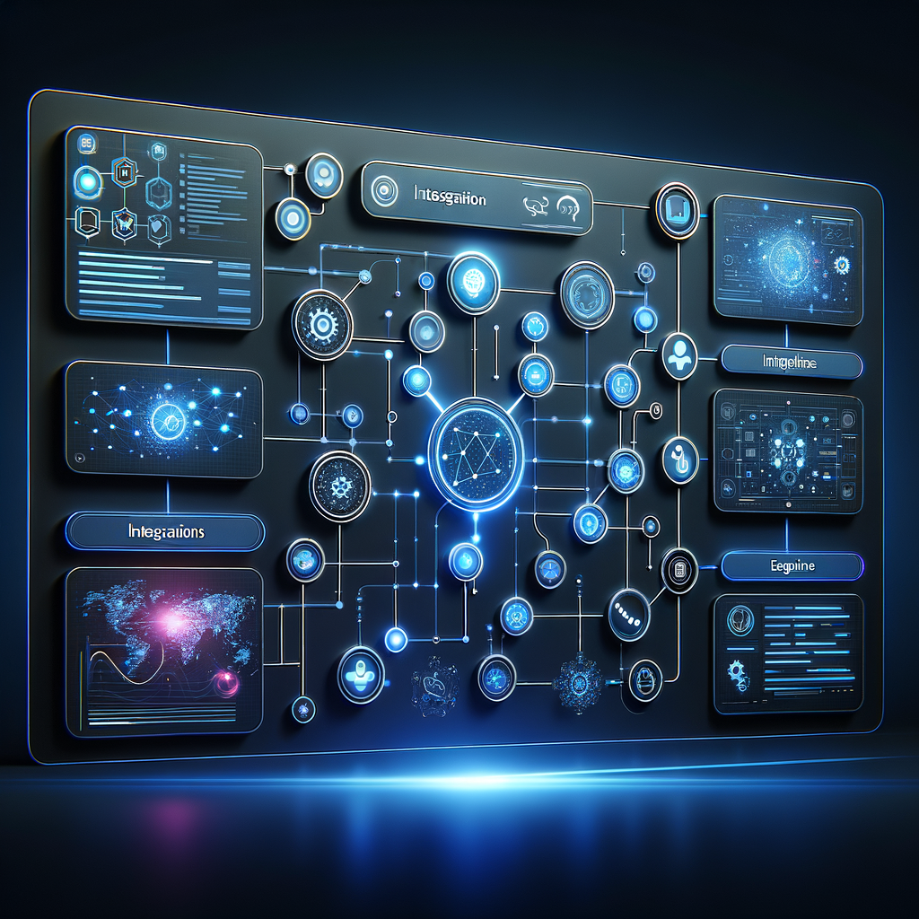 Dashboard digital interativo com conexões e módulos de automação de tarefas repetitivas, destacando integrações tecnológicas e inteligência artificial em paleta azul e ciano.