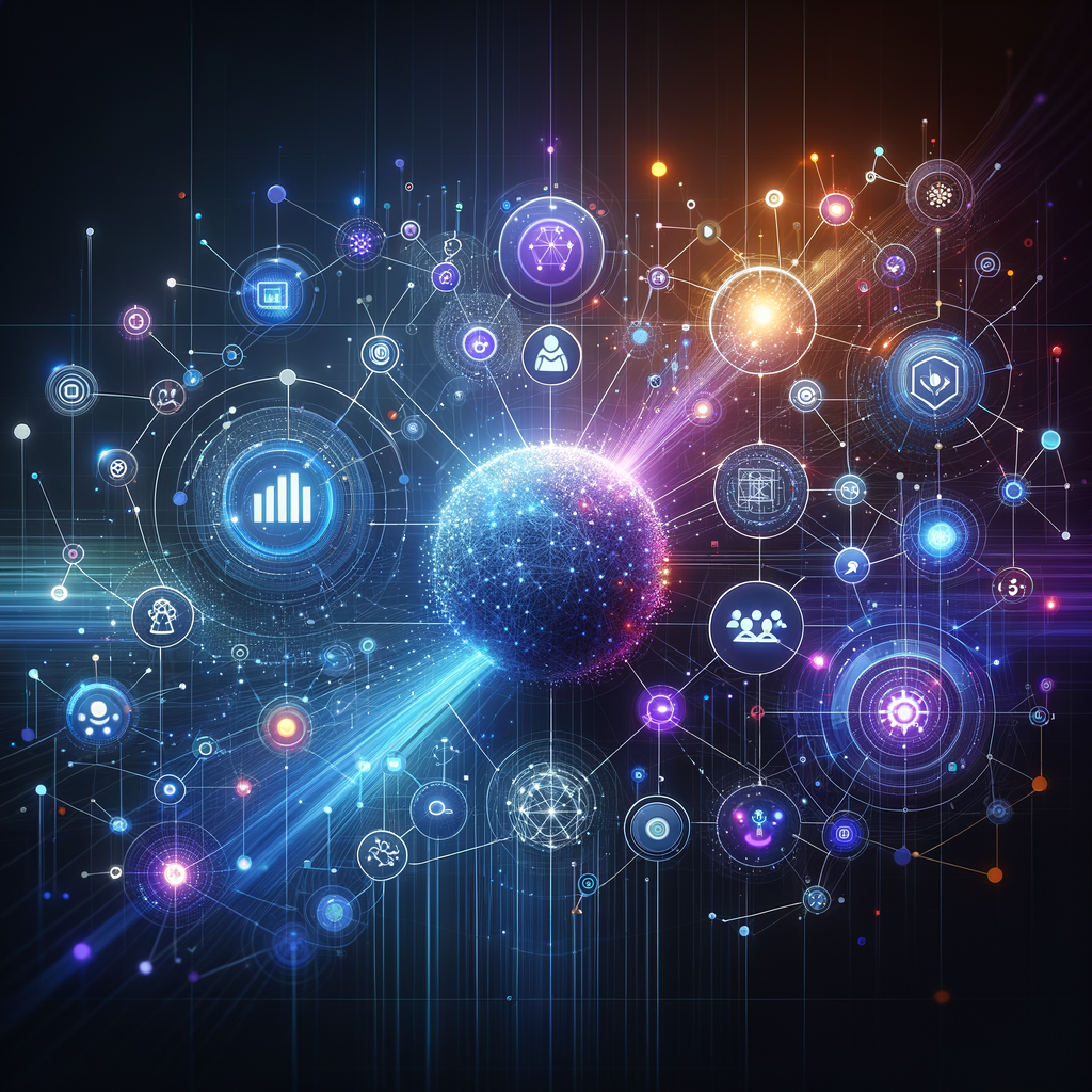 Rede tecnológica com nós e conexões iluminadas em roxo e azul, simbolizando a integração de inteligência artificial em fluxos automatizados para marketing digital.