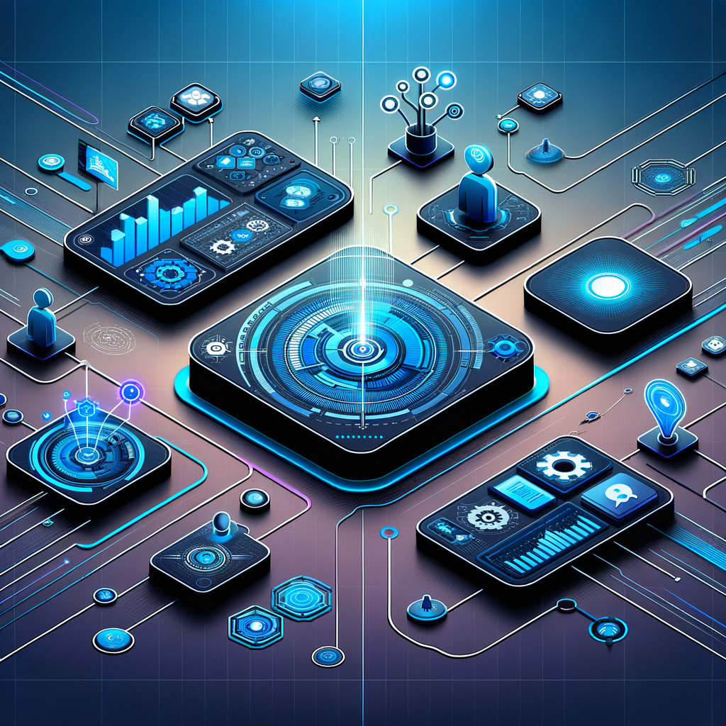 Dashboard digital futurista com gráficos e fluxos de automação em azul e ciano, ilustrando colaboração e produtividade em ambientes híbridos humano-IA.