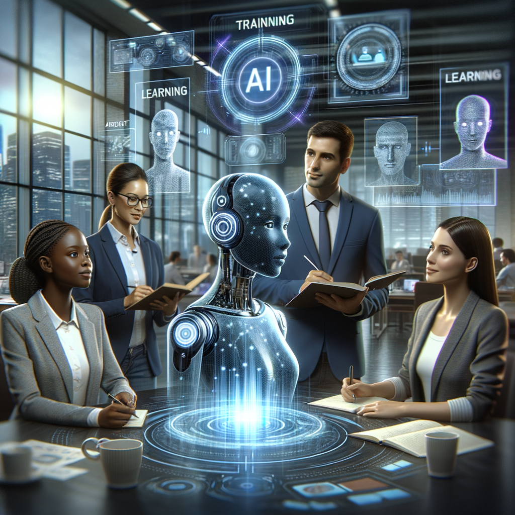 Equipe profissional colaborando com assistentes virtuais de inteligência artificial em ambiente corporativo futurista, simbolizando adaptação e treinamento tecnológico.